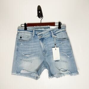 Kancan High Rise Criss Cross Distressed Stretch Shorts Women’s Size 9/28 NWT